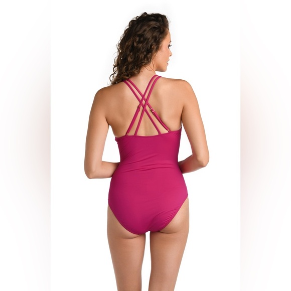 NWT La Blanca Island Goddess Underwire Lace Up One Piece Swimsuit Magenta Size 6 - Picture 2 of 6